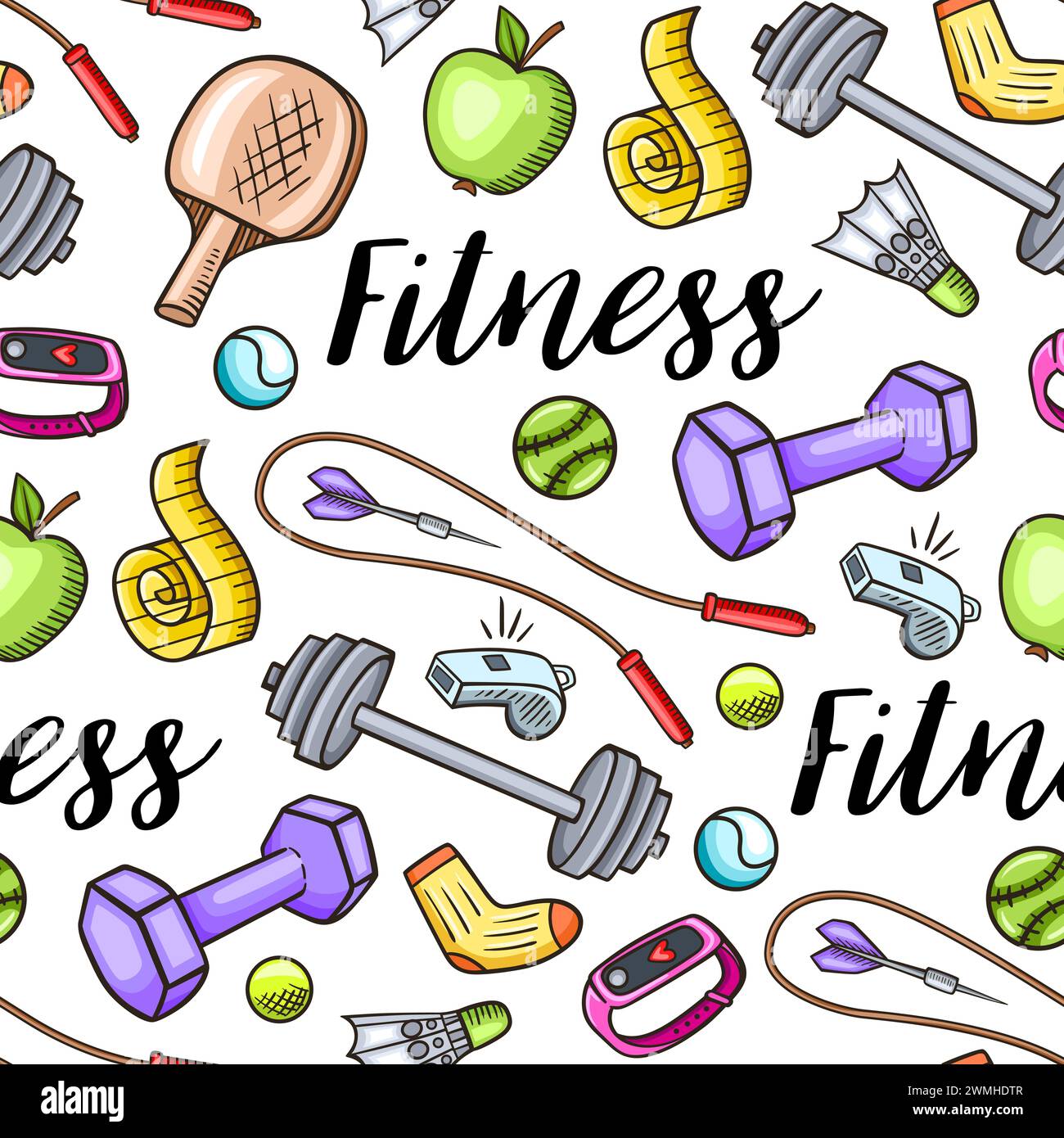Hand drawn doodle fitness and sport seamless pattern. Healthy lifestyle ...