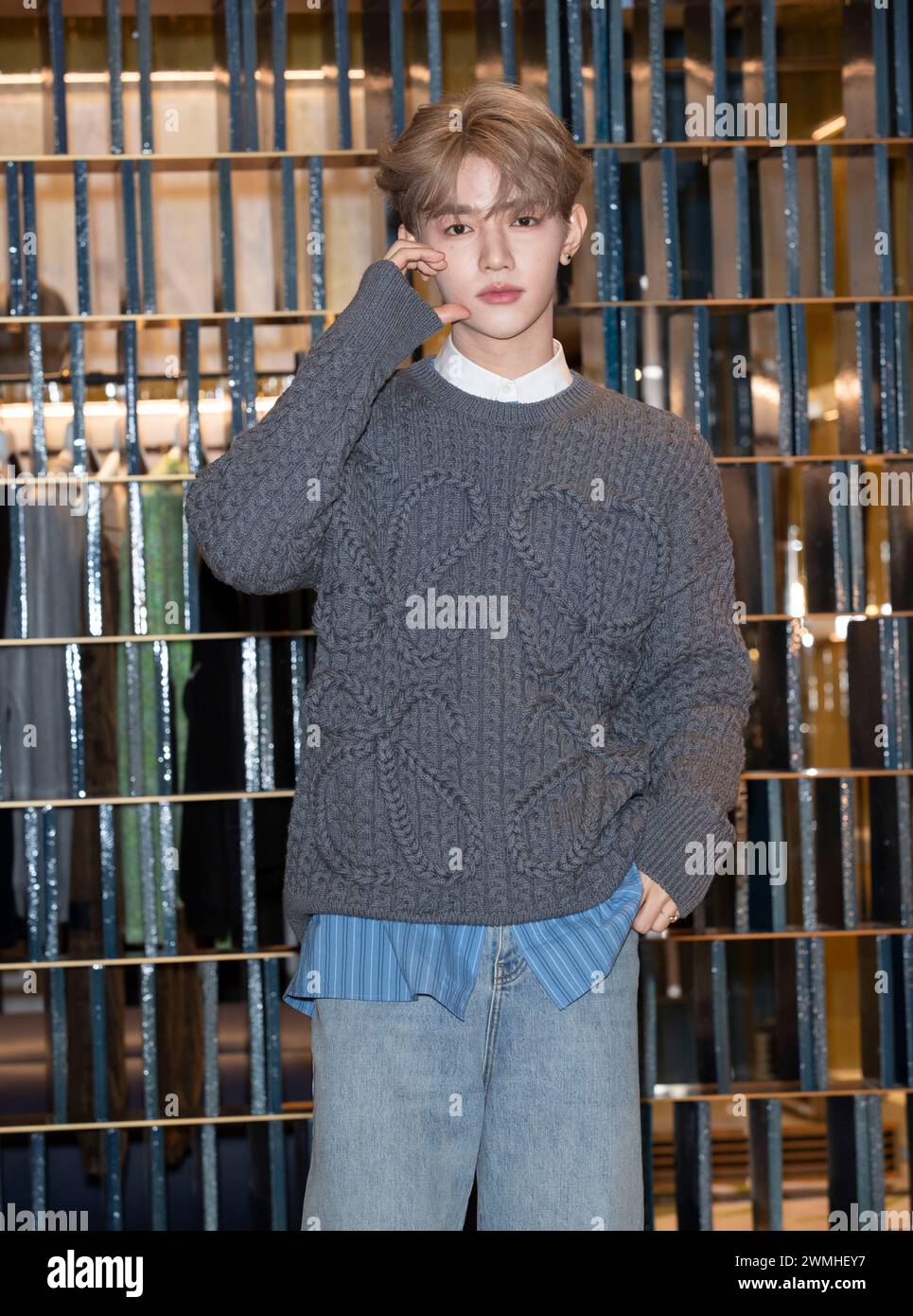 Seoul, South Korea. 26th Feb, 2024. Chinese vocal Zhang Hao, member of K-Pop boy band Zrobaseone, attends a photocall for the Loewe store opening event in Seoul, South Korea on February 26, 2024. (Photo by: Lee Young-ho/Sipa USA) Credit: Sipa USA/Alamy Live News Stock Photo