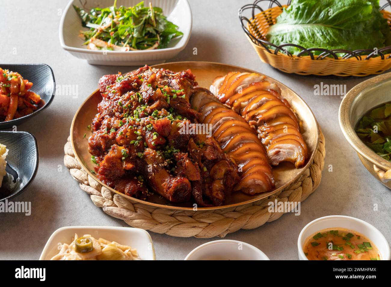 Jokbal, pork feet, steamed, salted oysters, spicy, noodles, garlic ...