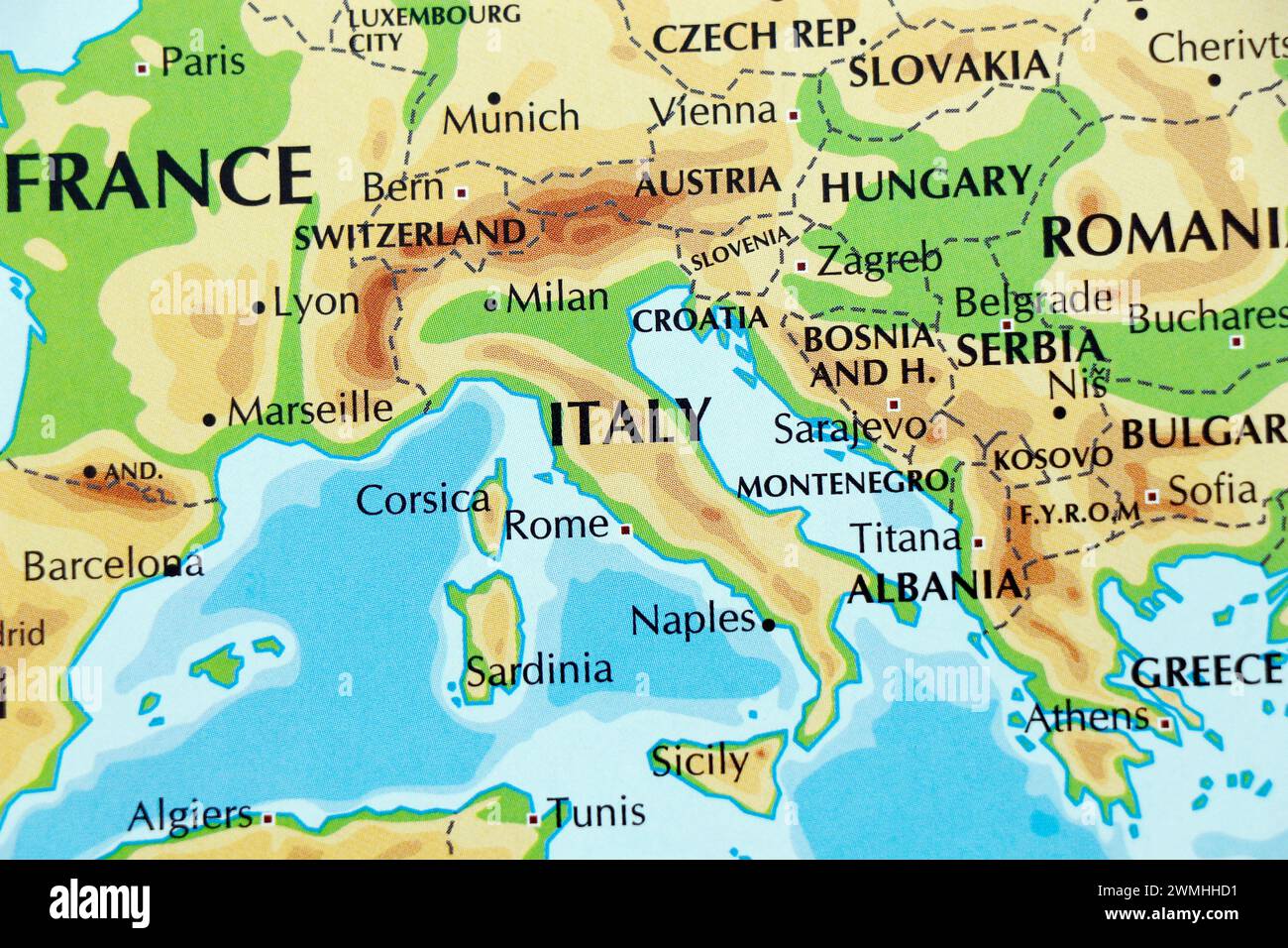 world map of europe, italy, austria, hungary, switzerland in close up Stock Photo