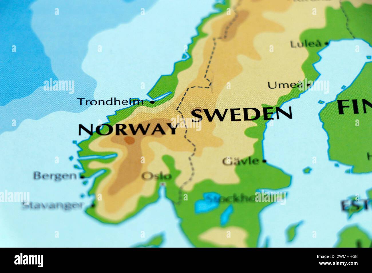 world map of europe, norway and sweden bordering country in close up Stock Photo
