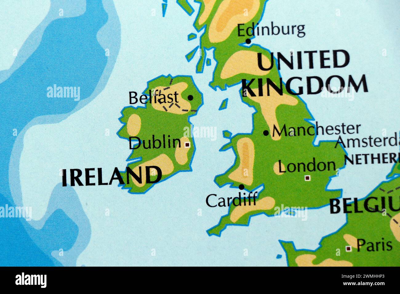 world map of europe, england and ireland bordering countries in close up Stock Photo