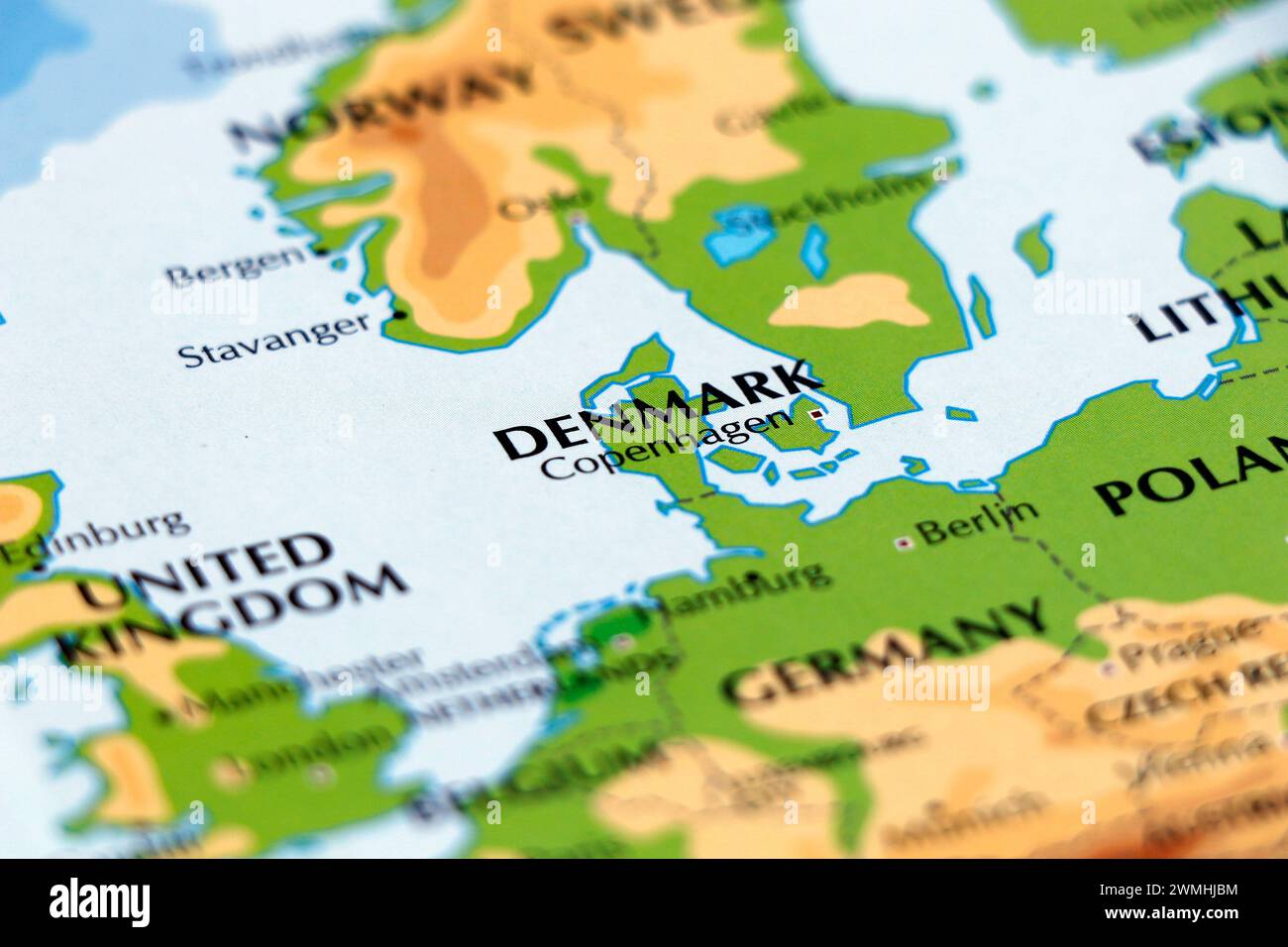 world map of europe, denmark and  bordering countries in close up Stock Photo