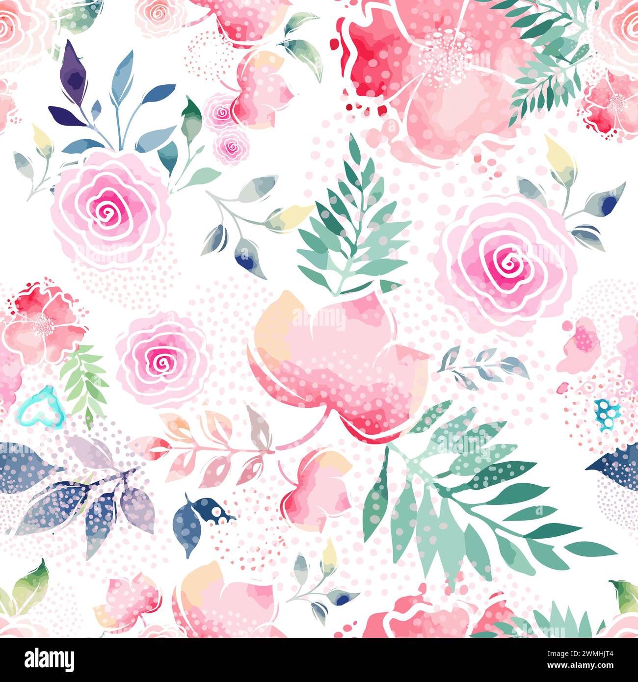 Pink watercolor flowers and green leaves seamless pattern. hand drawing ...