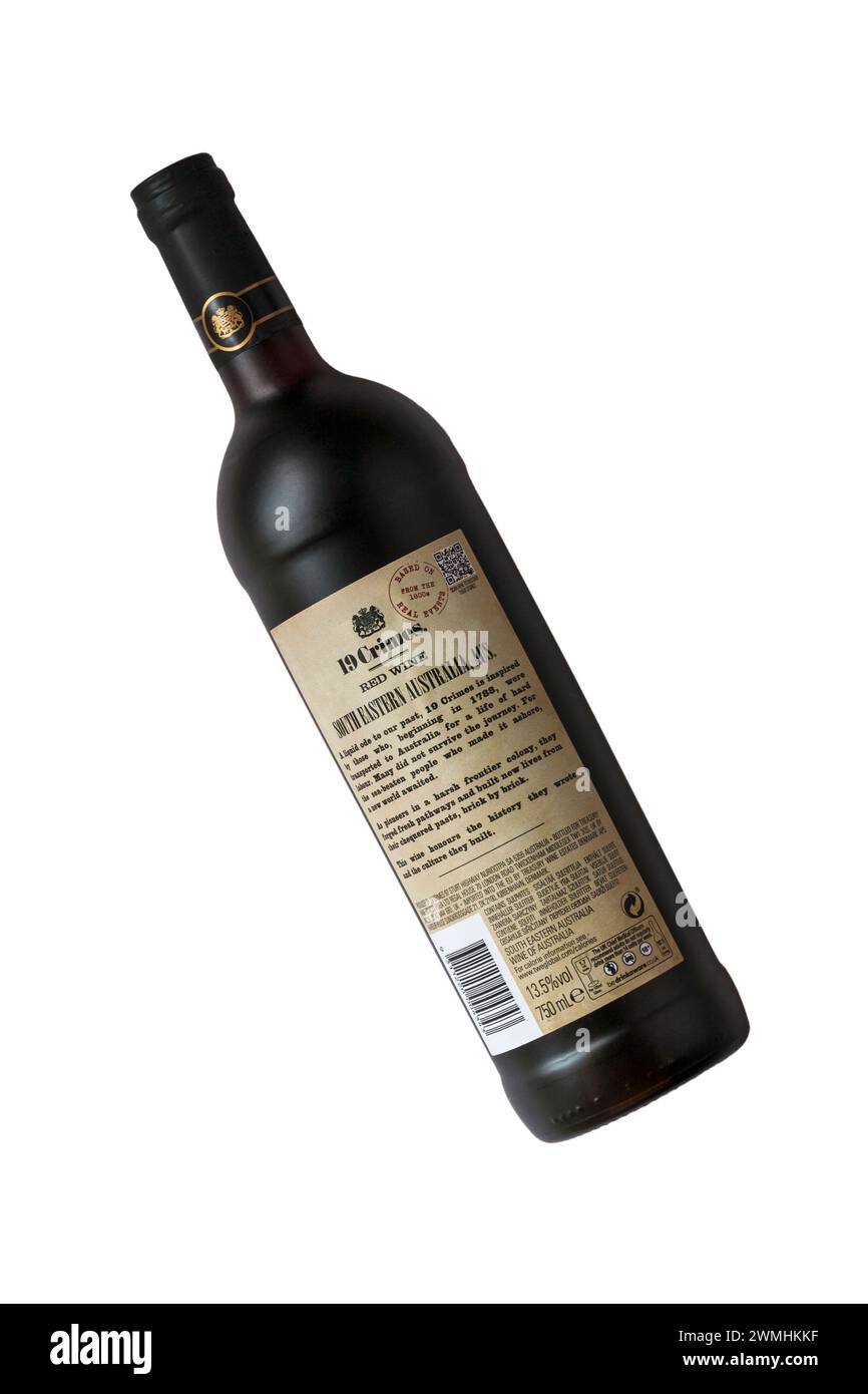 Information on back of bottle of 19 Crimes red wine isolated on white background product of Australia, Australian - see additional info Stock Photo