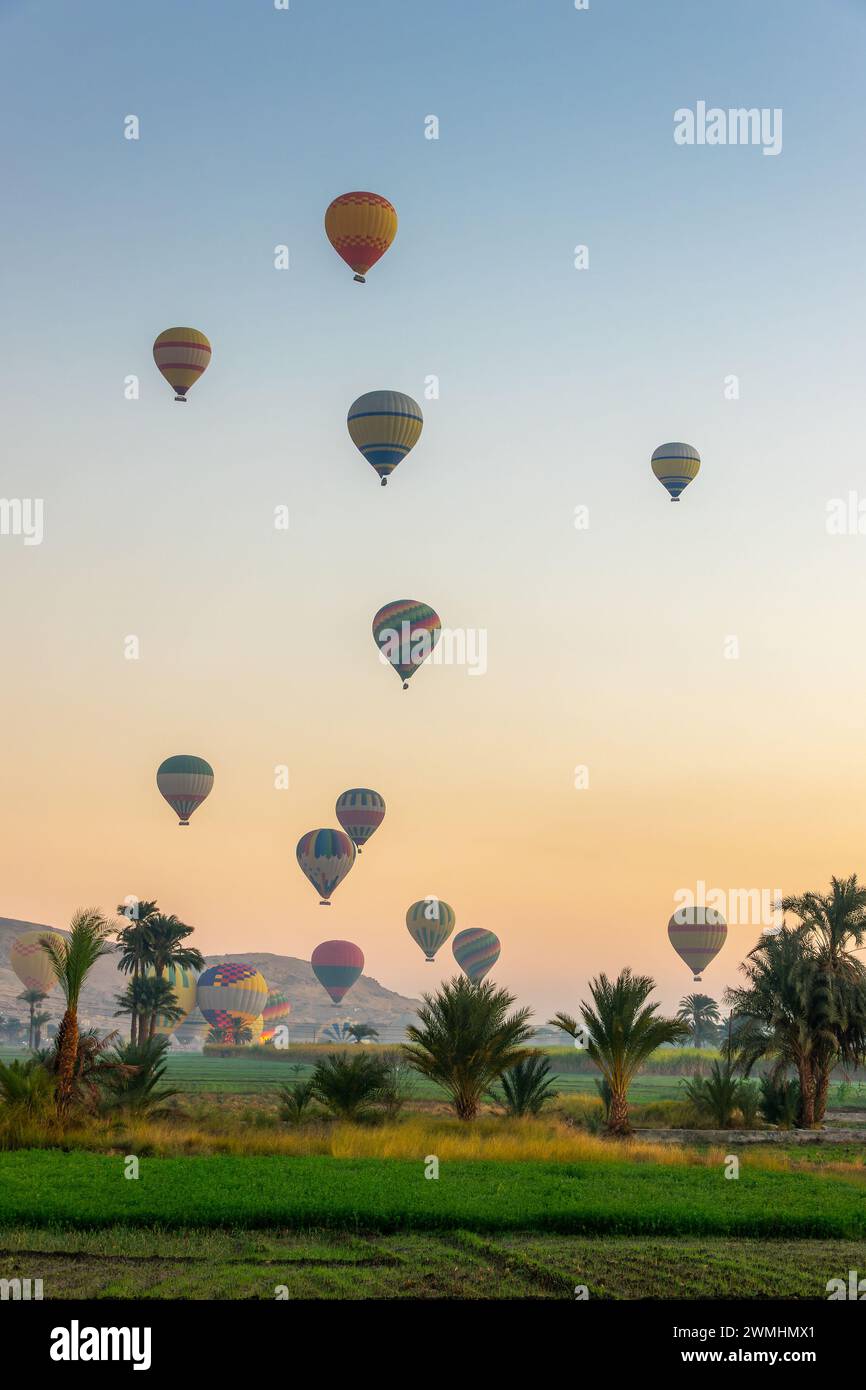 Take off of coloful hot air balloons at sunrise near the the Valley of Kings in Luxor West bank, Egypt Stock Photo