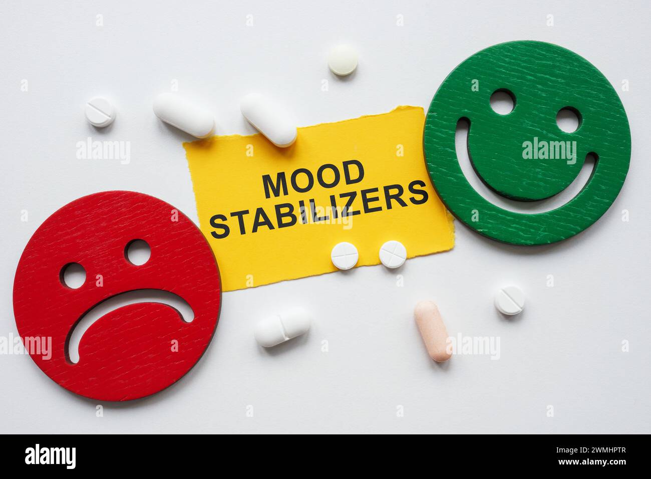 Smileys, pills and inscription mood stabilizers. Stock Photo