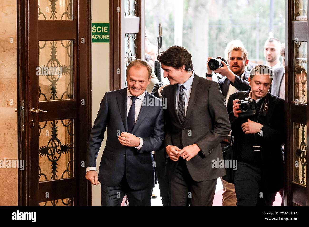 Polish Prime Minister Donald Tusk greets the Prime Minister of Canada, Justin Trudeau during a bilateral meeting in Warsaw, the capital of Poland on February 26, 2024. Stock Photo