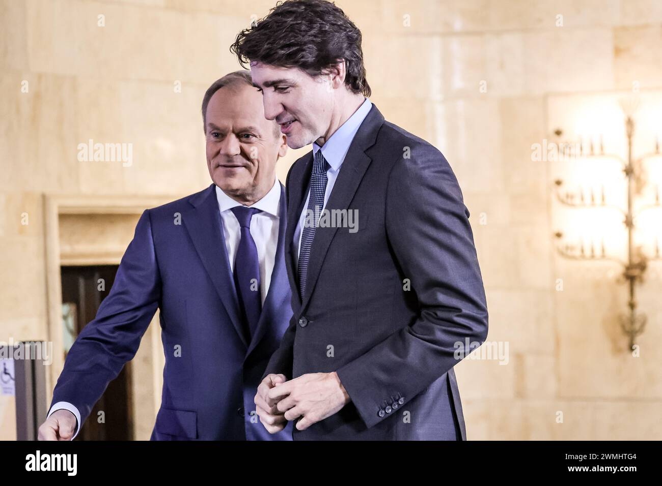 Polish Prime Minister Donald Tusk greets the Prime Minister of Canada, Justin Trudeau during a bilateral meeting in Warsaw, the capital of Poland on February 26, 2024. Stock Photo