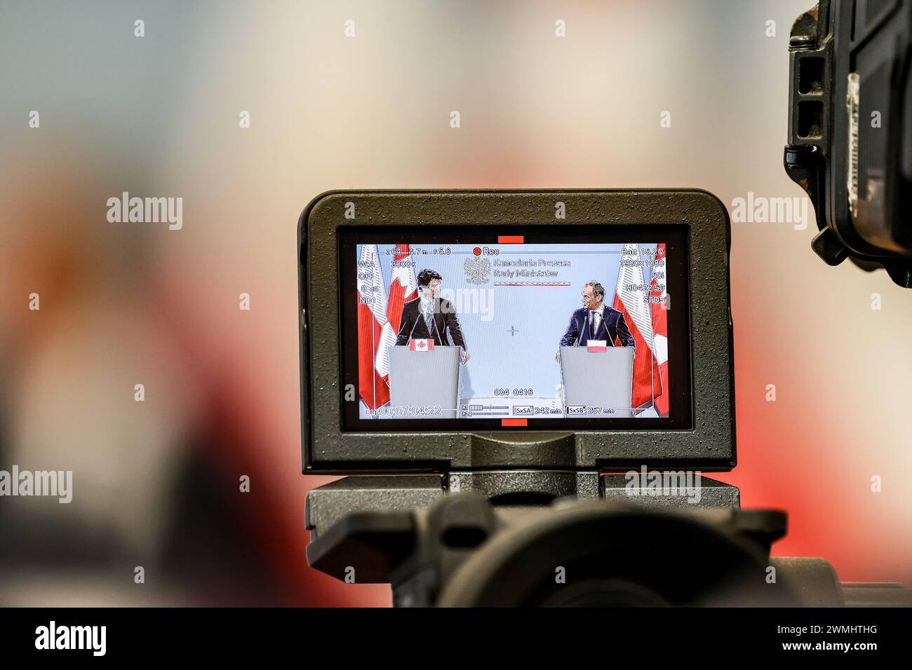 Polish Prime Minister Donald Tusk and Prime Minister of Canada, Justin Trudeau speak during a press conference after a bilateral meeting in Warsaw, the capital of Poland on February 26, 2024. Stock Photo