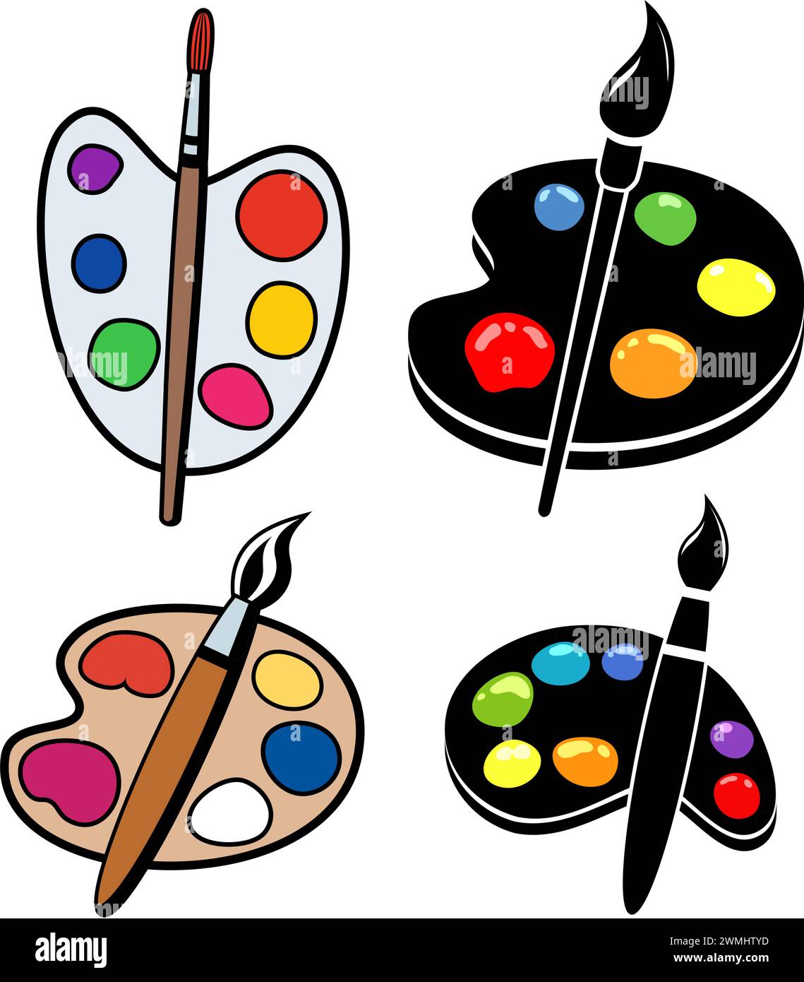 vector collection of wooden art palettes with blobs of paint and brushes isolated on white background. artist paint palette and paintbrushes icon. col Stock Vector