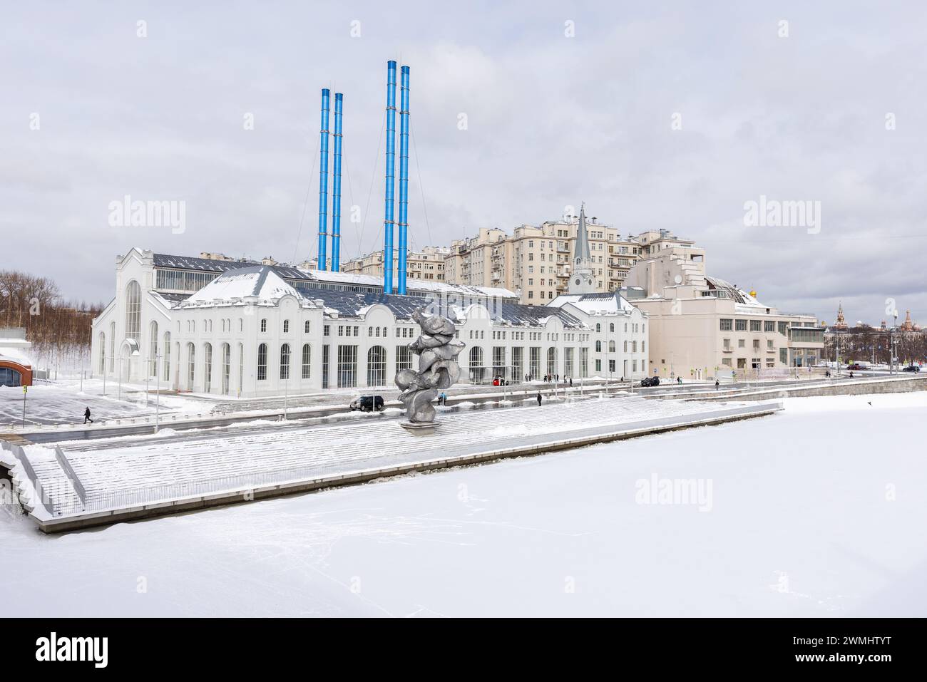 Moscow, Russia - February 18,2024: Street view with GES-2, one of the oldest power plants in Moscow, decommissioned, now a cultural center. A complex Stock Photo