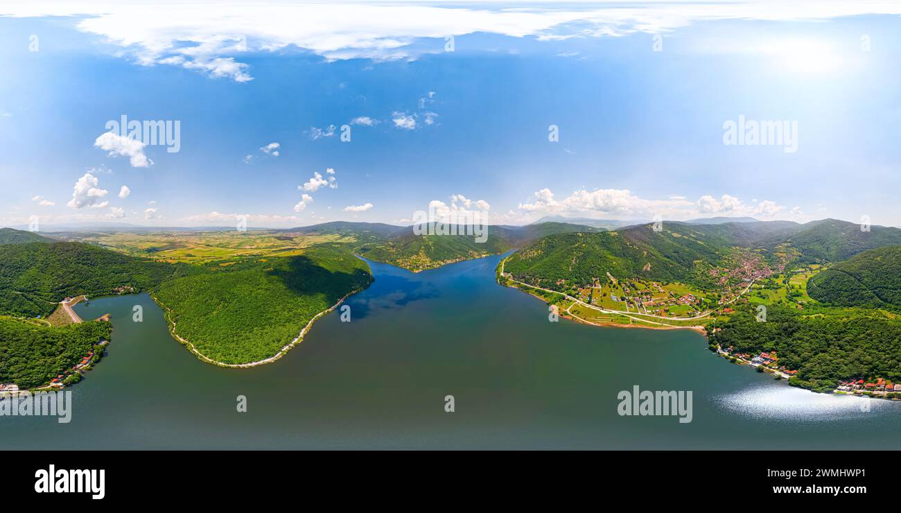 Beautiful 360 aerial panorama of Bovan lake near Sokobanja and
