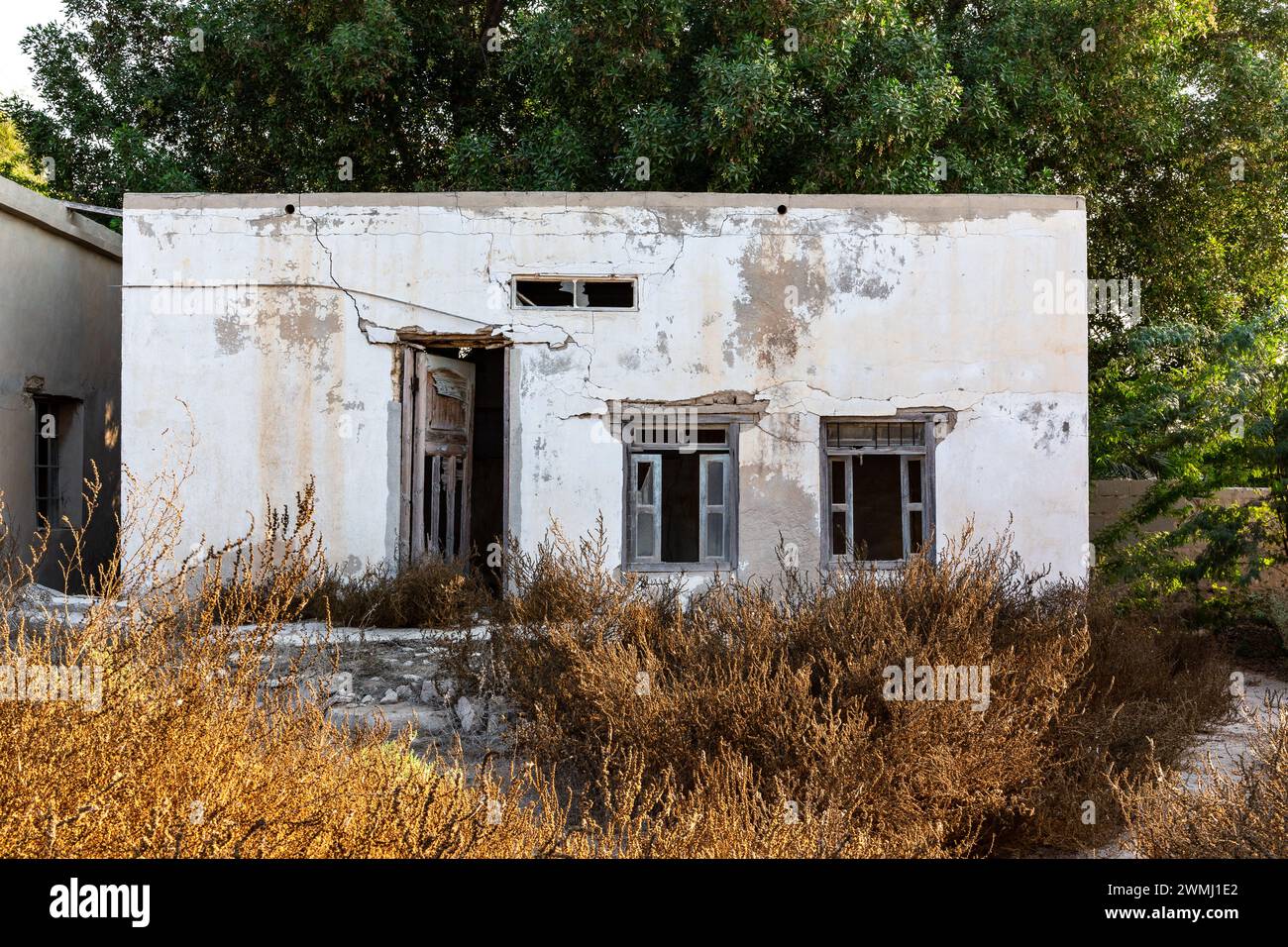Neglected building facade with broken windows, blue window shutters and