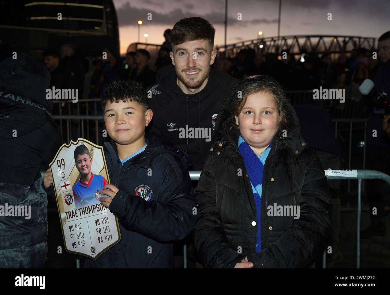 Coventry City's Josh Eccles poses with fans before the Emirates FA Cup fifth round match at the Coventry Building Society Arena, Coventry. Picture date: Monday February 26, 2024. Stock Photo