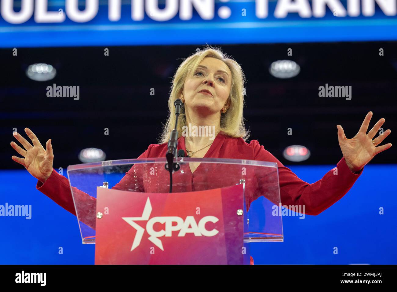 Oxon Hill, United States. 22nd Feb, 2024. Liz Truss, former Prime Minister of the United Kingdom, makes remarks at the 2024 Conservative Political Action Conference (CPAC) in National Harbor, Maryland, US, on Thursday, February 22, 2024. Credit: Ron Sachs /CNP/AdMedia/Newscom/Alamy Live News Stock Photo