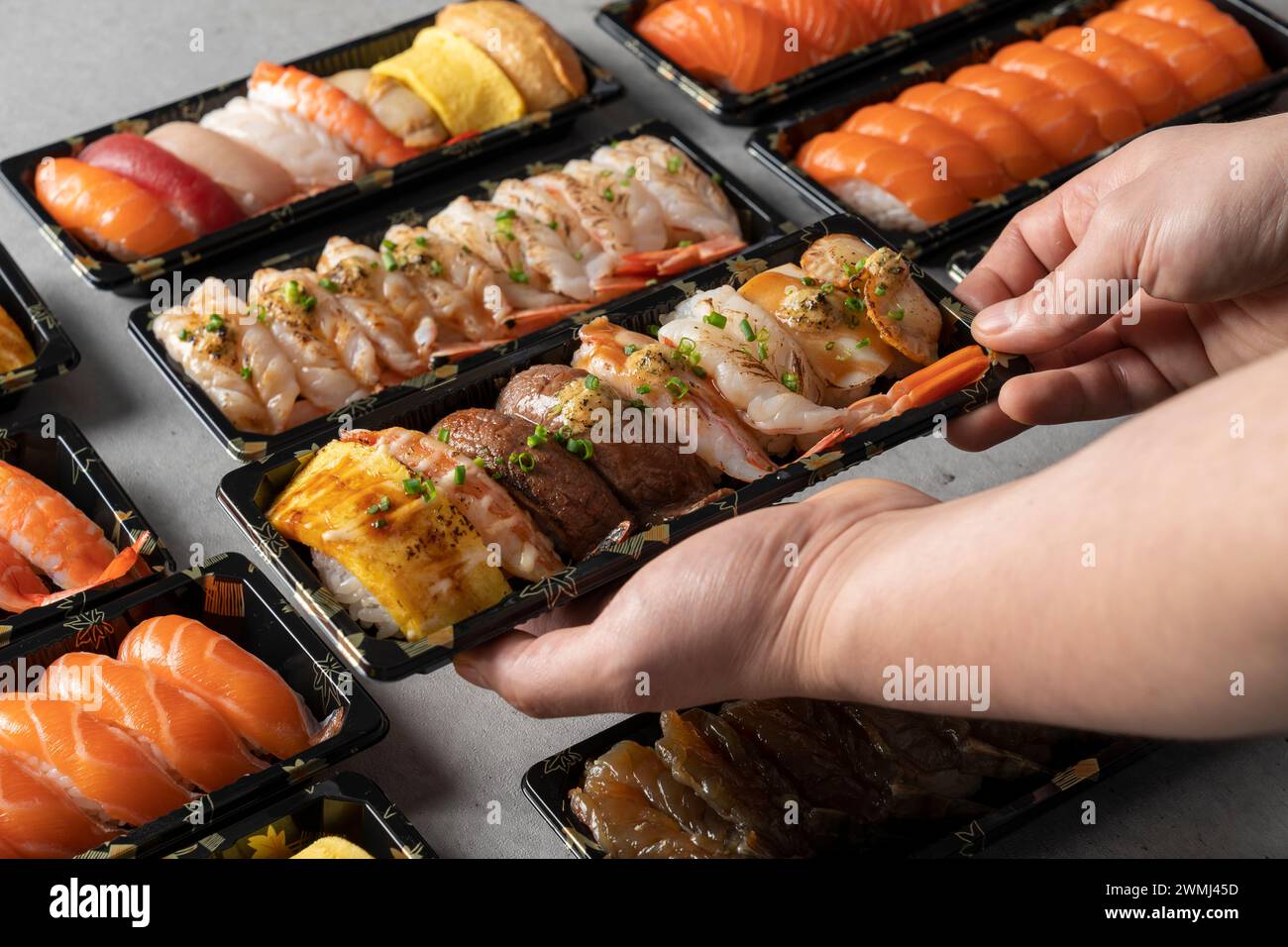 Salmon belly, sushi, tuna sashimi, tuna, shrimp, assorted, soy sauce