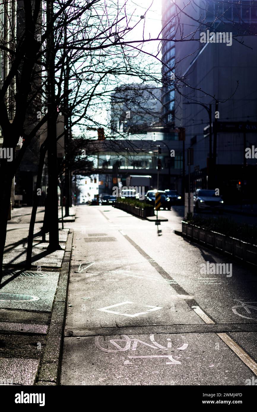 A view of the bike lane on Dunsmuir Street, in the beautiful light of the morning sun, with cars out of focus in the distance. Stock Photo