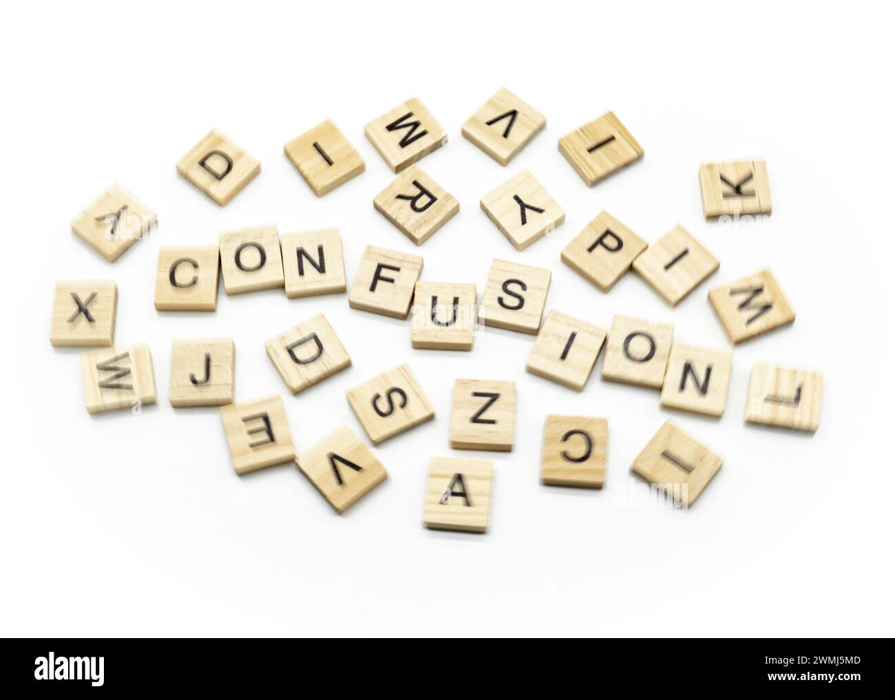 wood  letters spelling confusion with jumbled letters surrounding on a white background Stock Photo