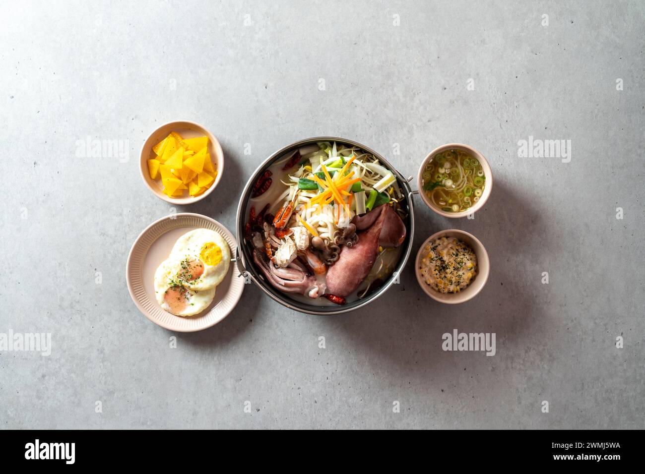 Stirfried chicken feet, squid soup, jjamppong, spicy pork tofu kimchi