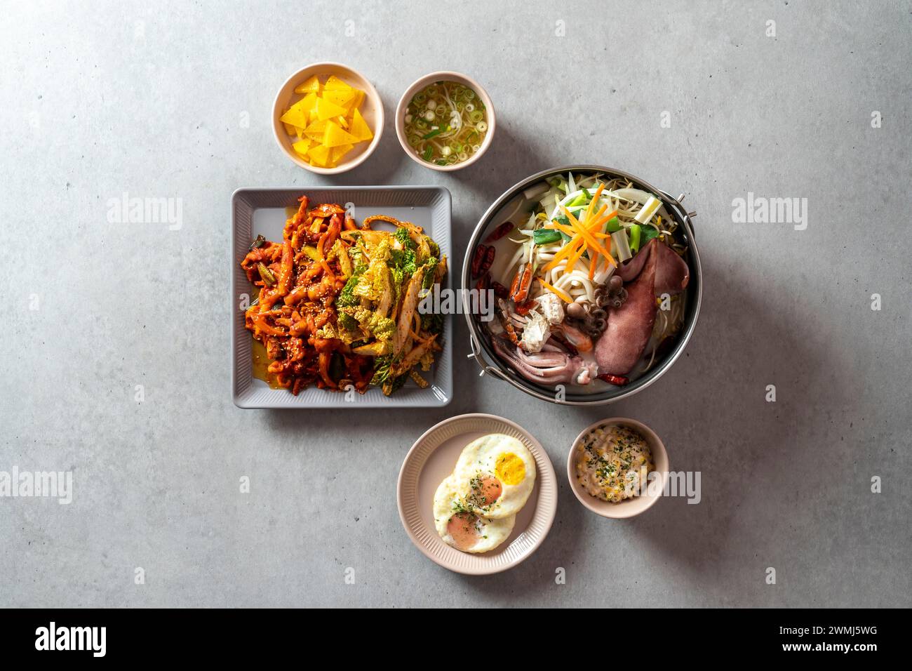 Stirfried chicken feet, squid soup, jjamppong, spicy pork tofu kimchi