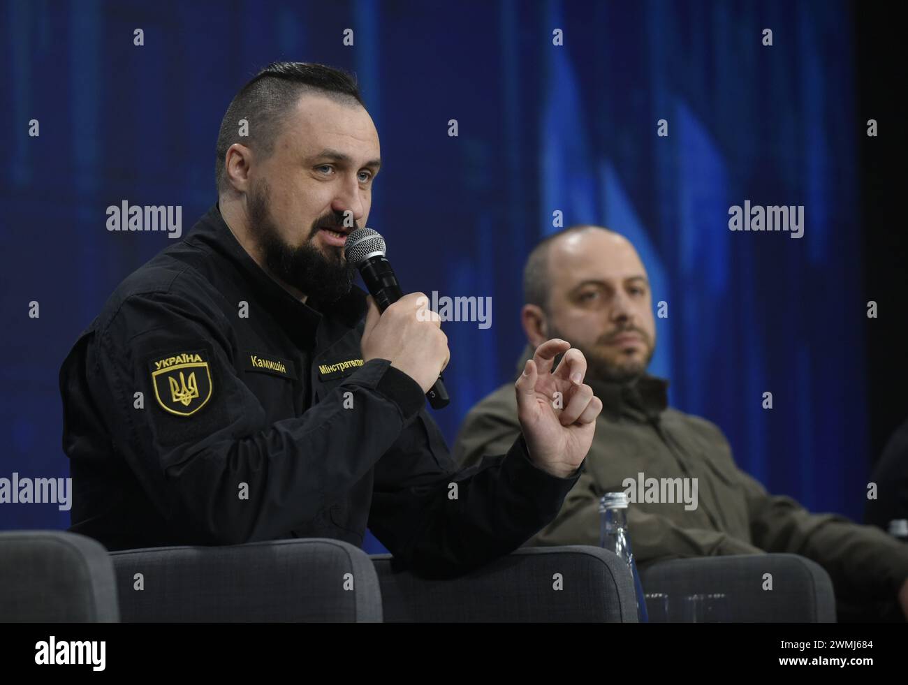 KYIV, UKRAINE - FEBRUARY 25, 2024 - Minister for Strategic Industries of Ukraine Oleksandr Kamyshin (L) and Minister of Defence of Ukraine Rustem Umerov attend the Ukraine. Year 2024 Forum, Kyiv, capital of Ukraine. Stock Photo