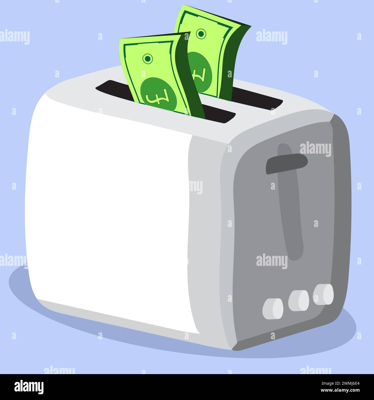 Cartoon representation of the Toaster Tax in relation to recycling old toasters,  Money in toaster, toaster tax concept Stock Vector