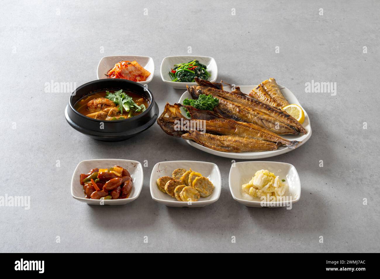 Korean food dish Rolled omelet, grilled fish, grilled mackerel, side