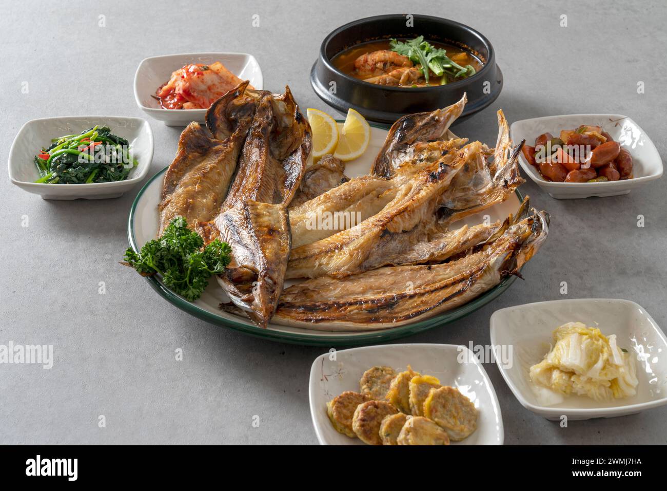 Korean food dish Rolled omelet, grilled fish, grilled mackerel, side