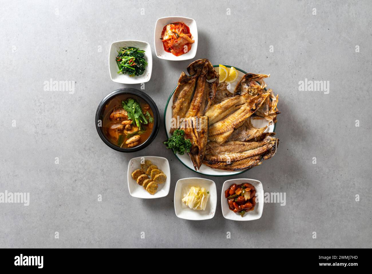 Korean food dish Rolled omelet, grilled fish, grilled mackerel, side