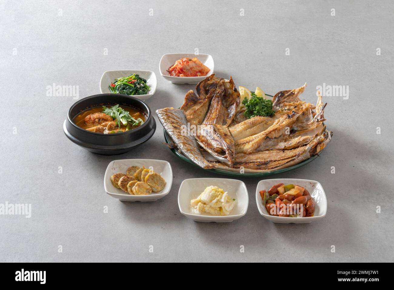 Korean food dish Rolled omelet, grilled fish, grilled mackerel, side