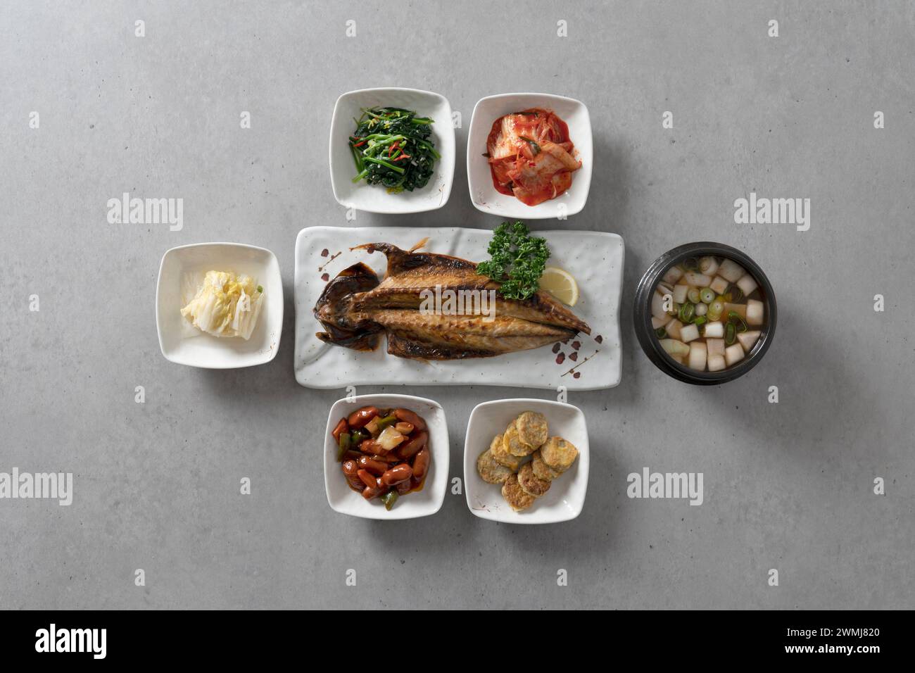 Korean food dish Rolled omelet, grilled fish, grilled mackerel, side