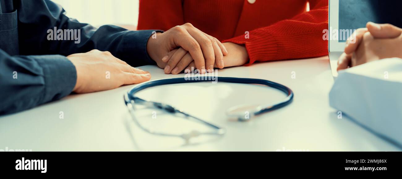 Couple attend fertility or medical consultation with gynecologist at hospital as family planning