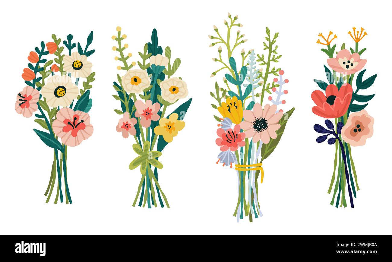 Spring set with festive floral bouquets. Hand drawn flat cartoon ...