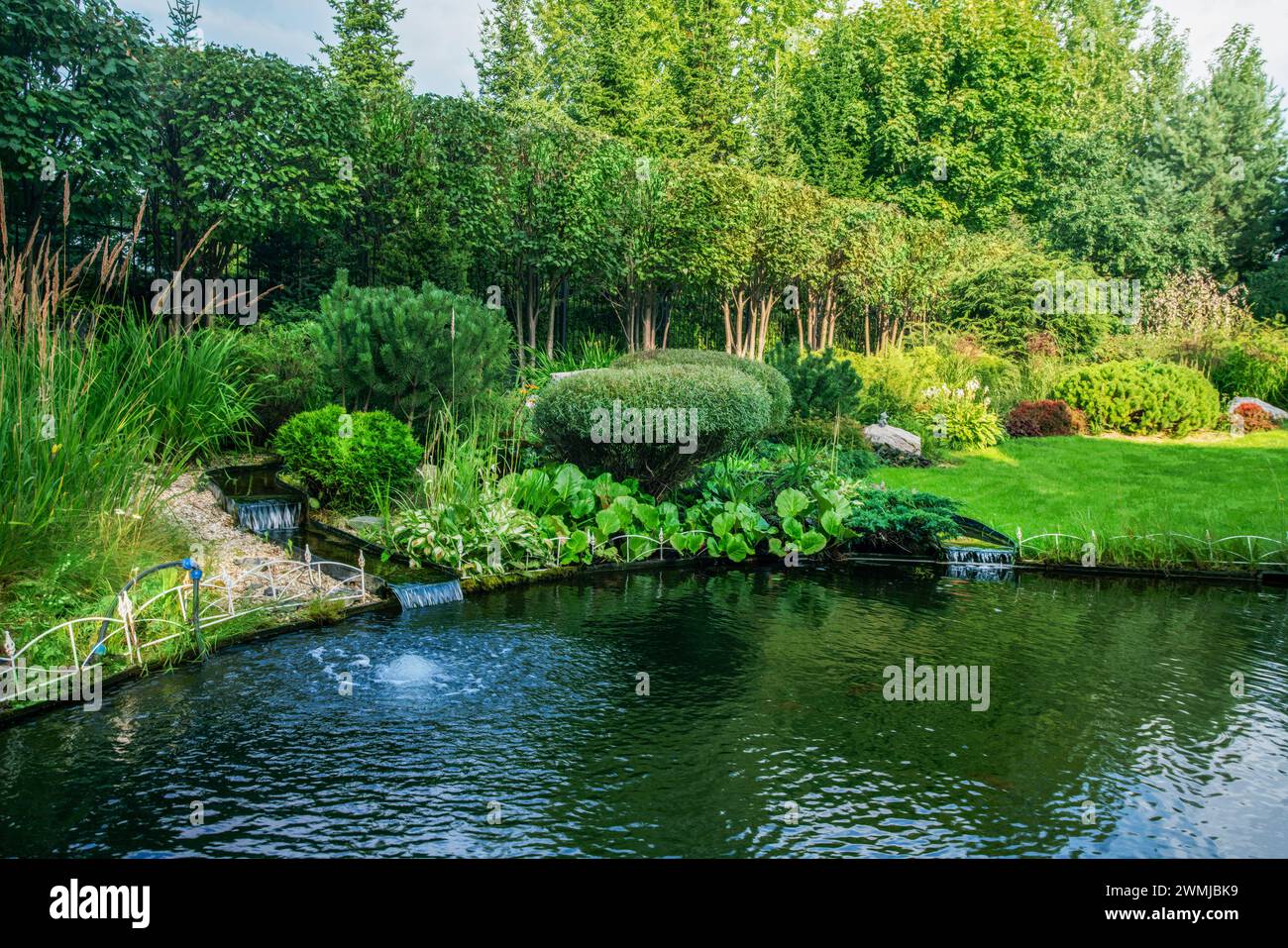 Awe Water Garden  with 2 artifial streams and small fountain in water next to cottage in prosperous village next to Khimki in  Moscow Oblast. Topiary Stock Photo