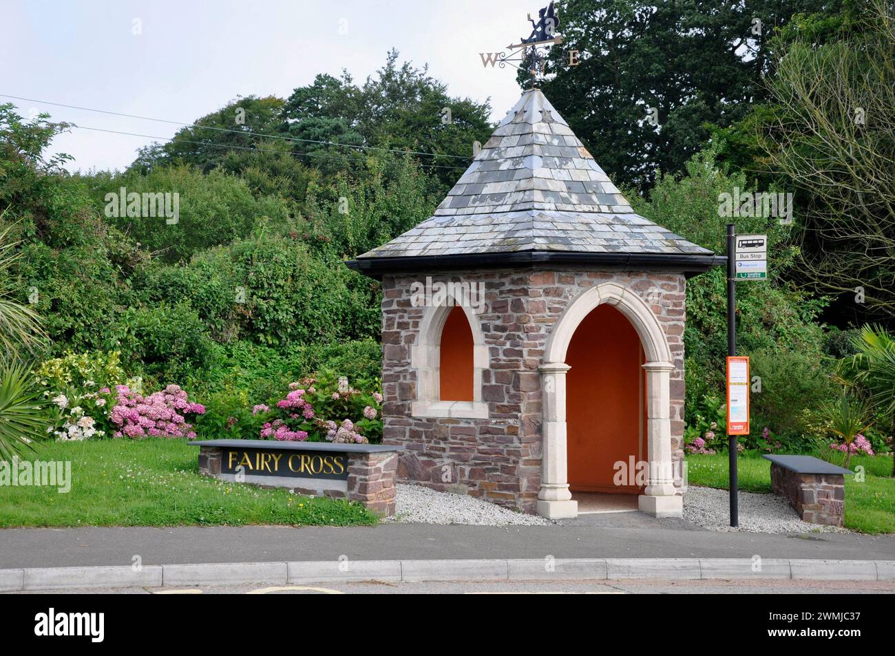 The enchanting bus shelter at Fairy Cross beside the A39 trunk road in North Devon. Stock Photo