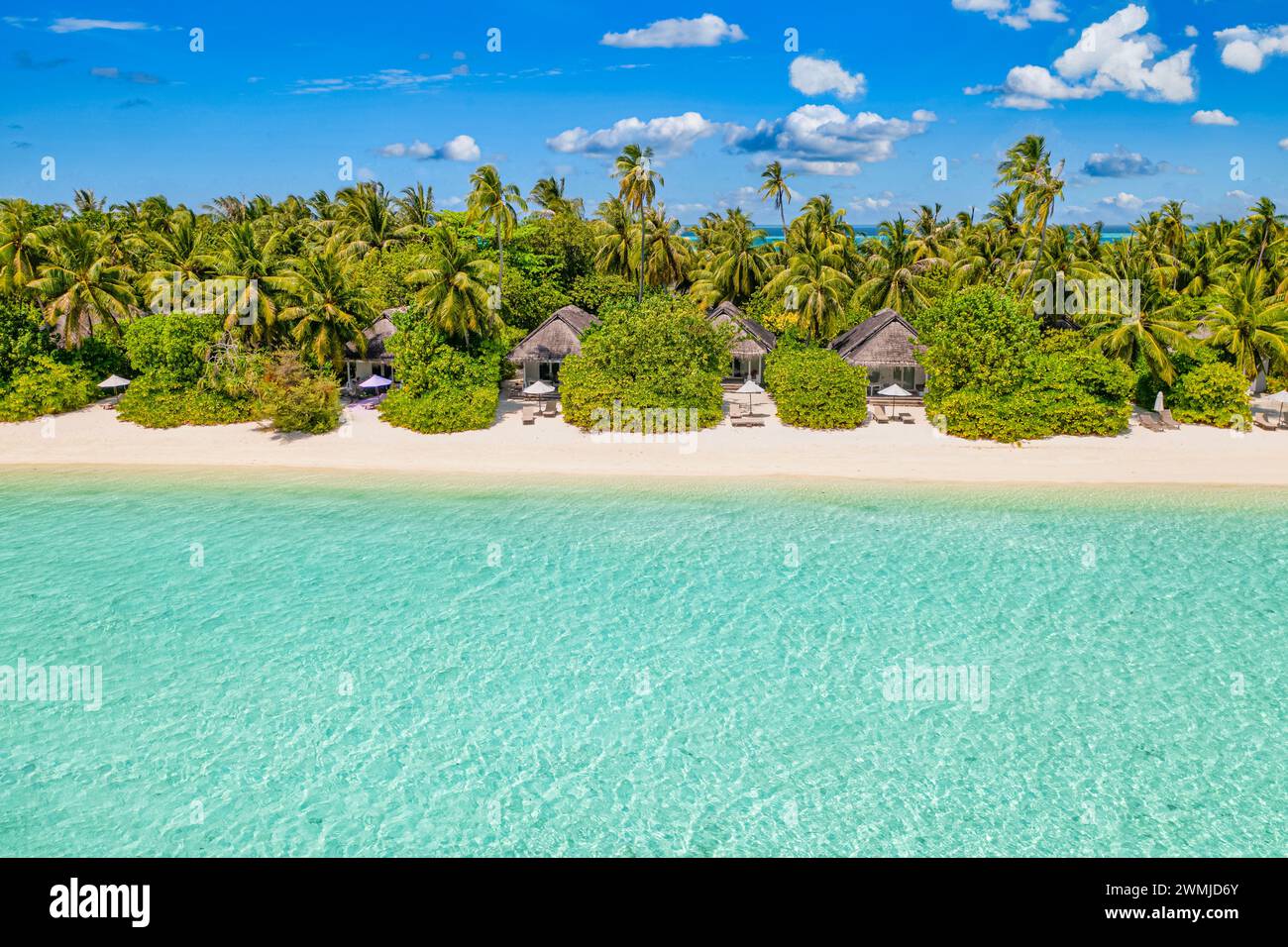 Amazing island beach. Maldives from aerial view tranquil tropical landscape seaside with palm trees on white sandy beach. Exotic nature shore, luxury Stock Photo