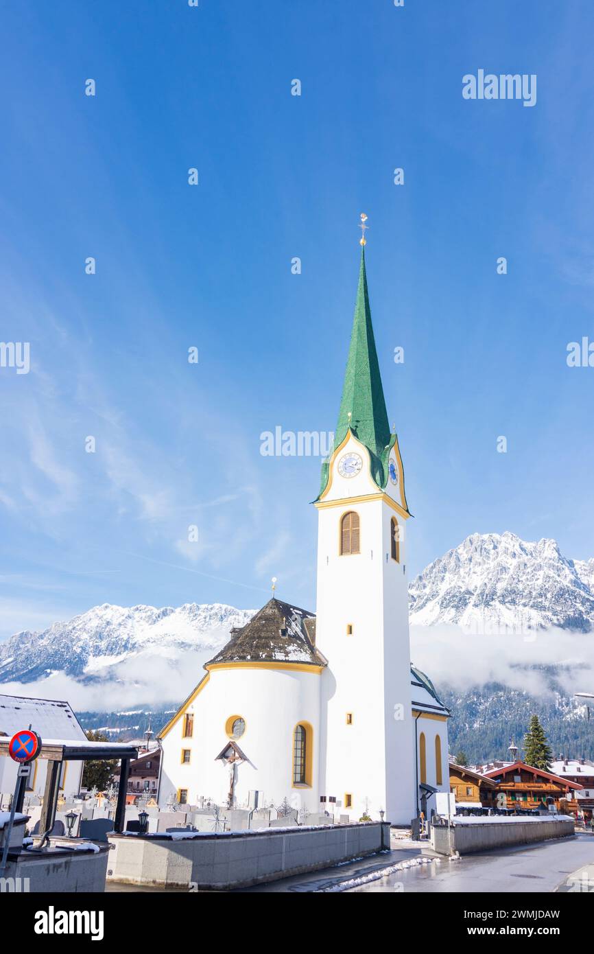 Ellmau: church Ellmau, Wilder Kaiser mountain range, snow in Wilder ...