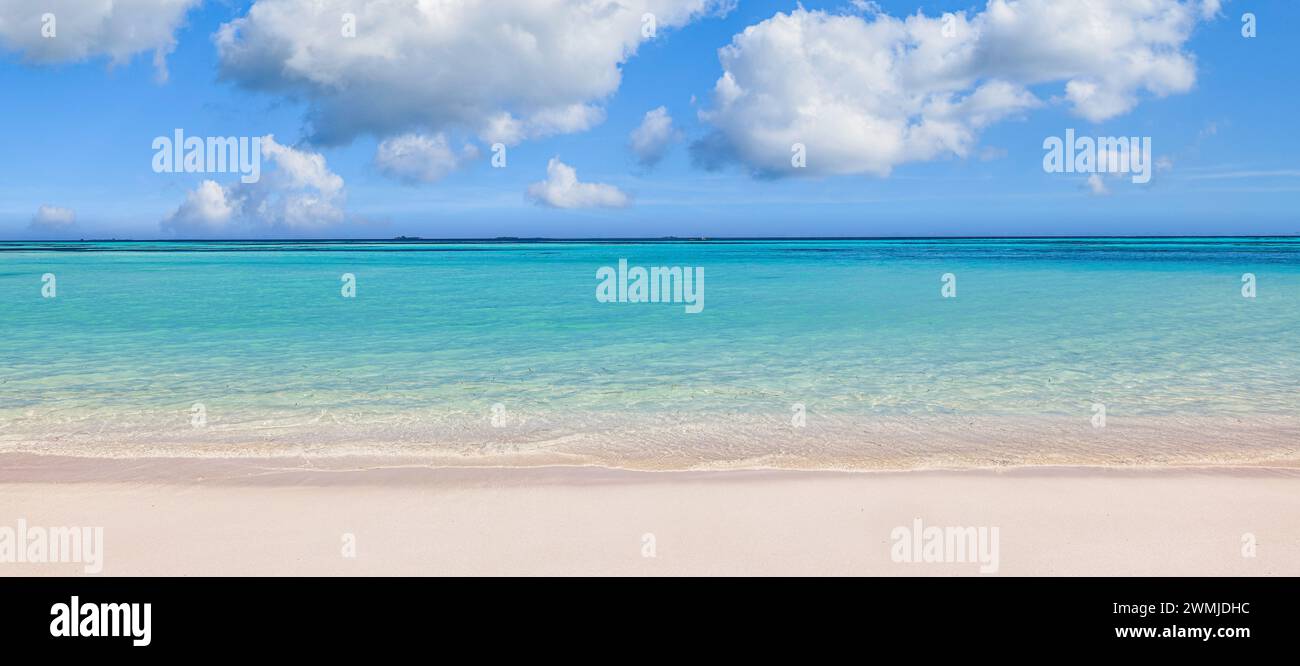 Peaceful closeup beach. Tranquil nature landscape. Inspire tropical coast seascape wave horizon. Soft blue sunny sea sand sky. Calm relaxation Stock Photo