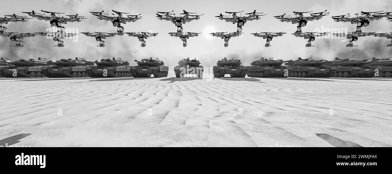 Monochromatic Image of Drones Hovering Over a Fleet of Tanks in a Desert Stock Photo