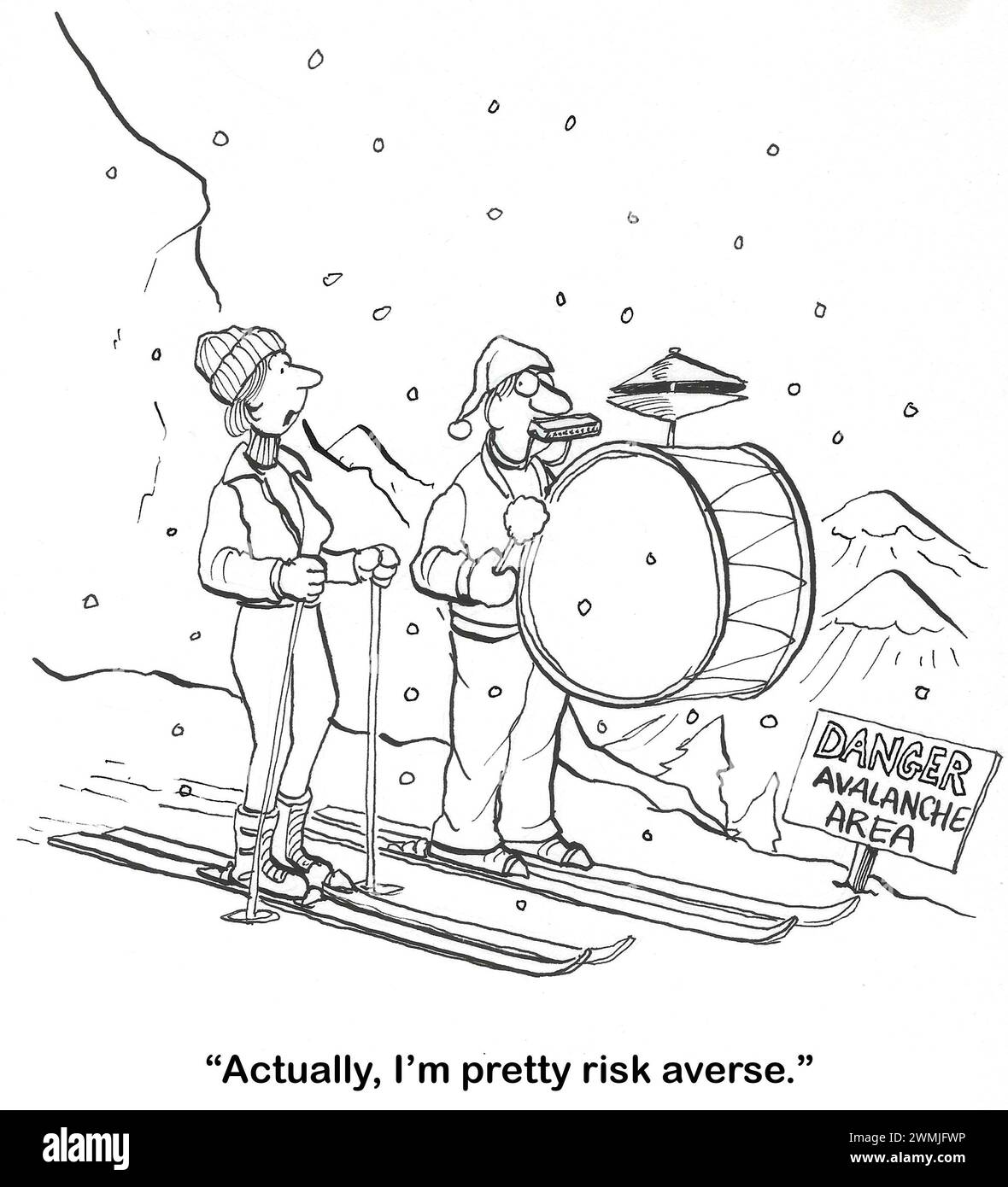 BW cartoon of two people skiing - both are in an avalanche area.  One is risk averse, the other is a loud, one-man band. Stock Photo