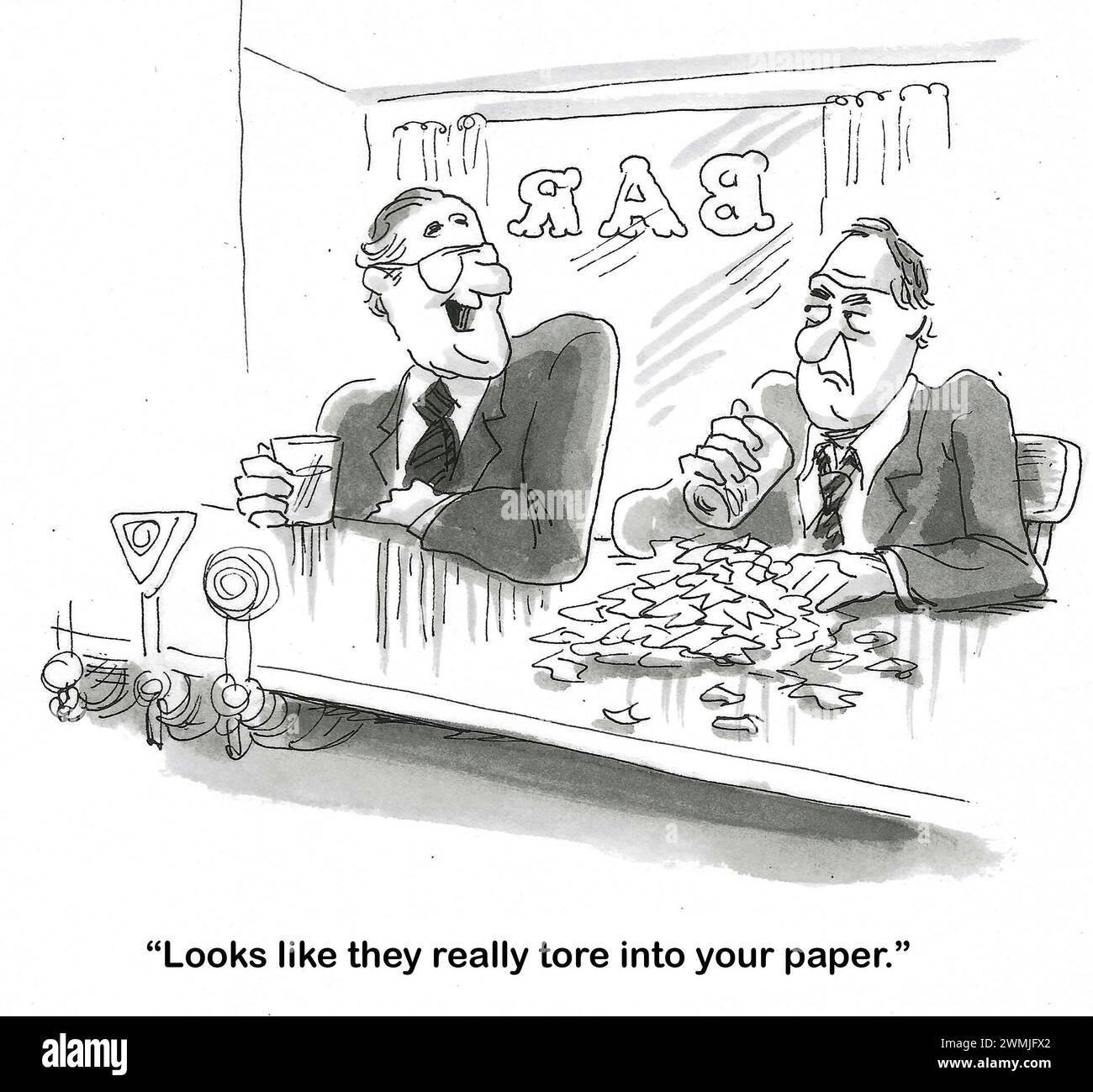 BW cartoon of two men at a bar, one has shreds of paper in front of him.  The other indicates 'they really tore into your proposal'. Stock Photo