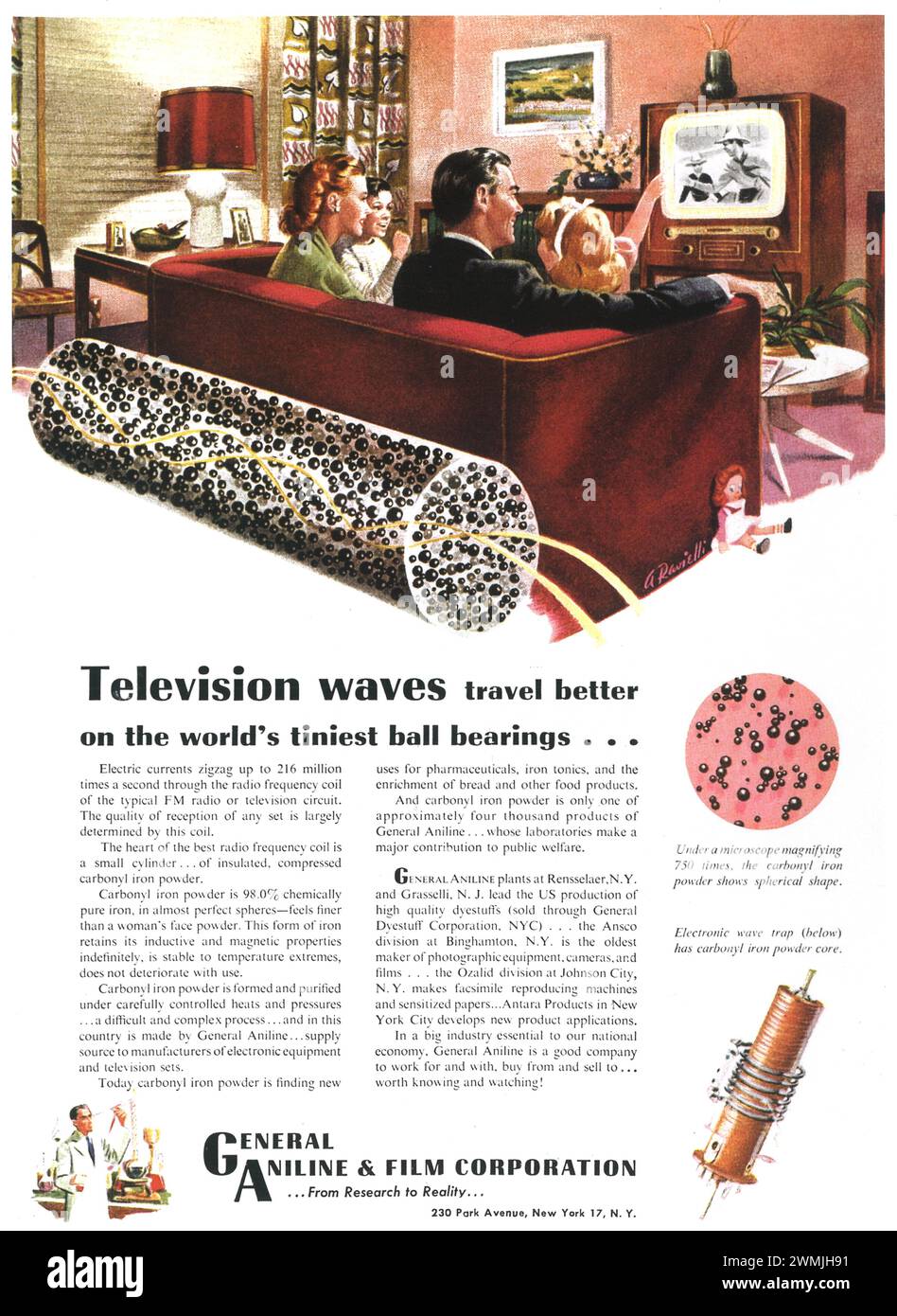 1951 General Aniline & Film Corporation Ad. 'Television waves travel better on the world's tiniest ball bearings' Stock Photo