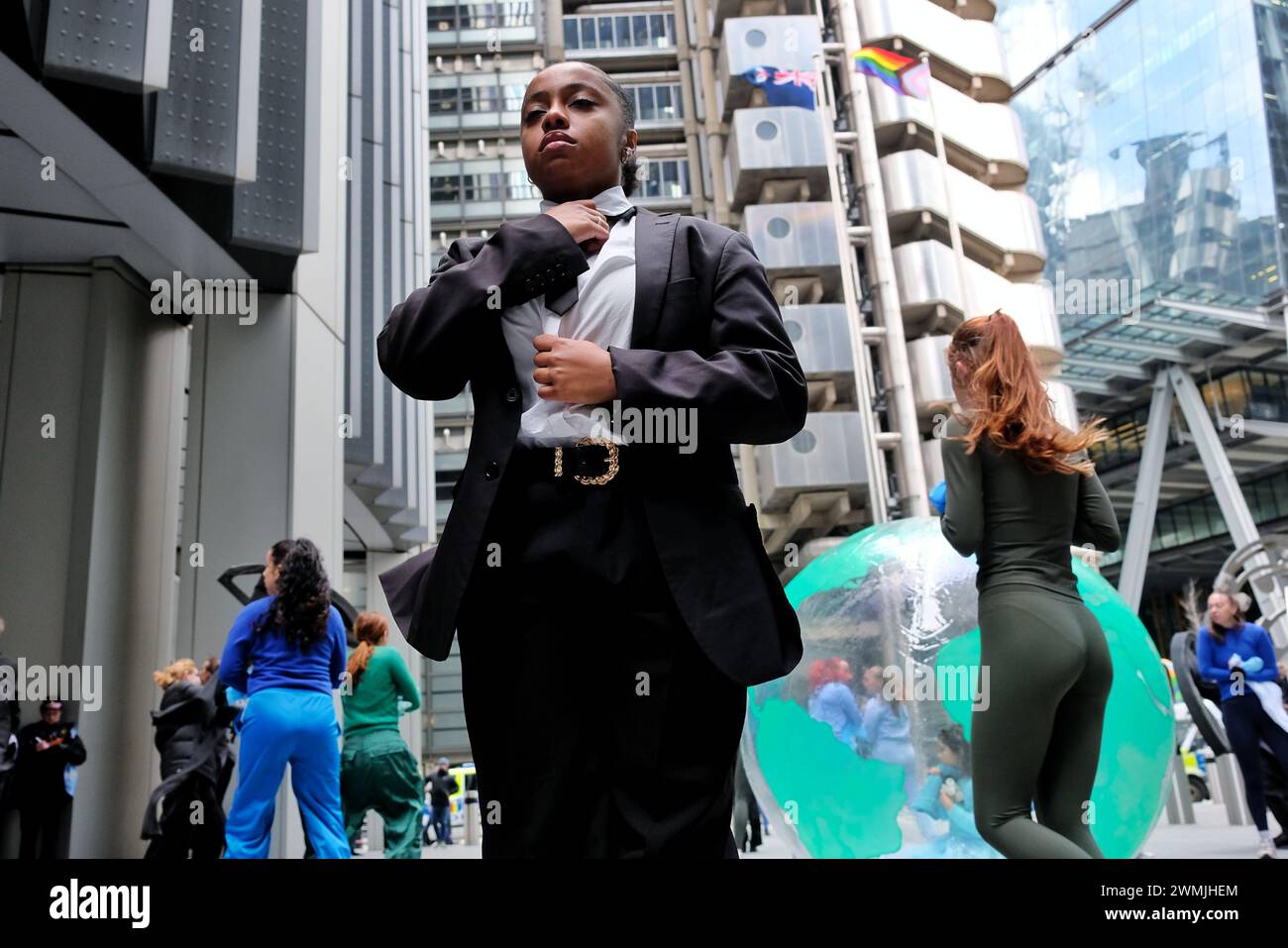 London, UK, 26th February, 2024. Environmental activist group Mothers Rise Up performed a dance piece in protest of insurer Lloyds of London, who play their part in the fossil fuel industry. The action marks the beginning of a week of protests against insurers. Credit: Eleventh Hour Photography/Alamy Live News Stock Photo