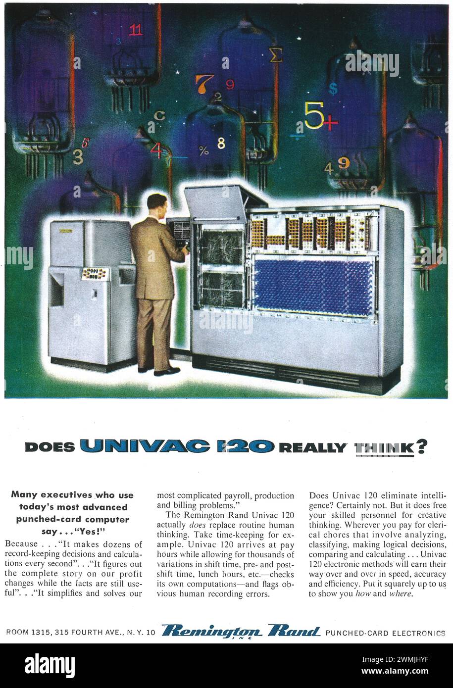1953 Remington Rand Univac 120 Computer Print Ad. Does UNIVAC 120 really think? Stock Photo