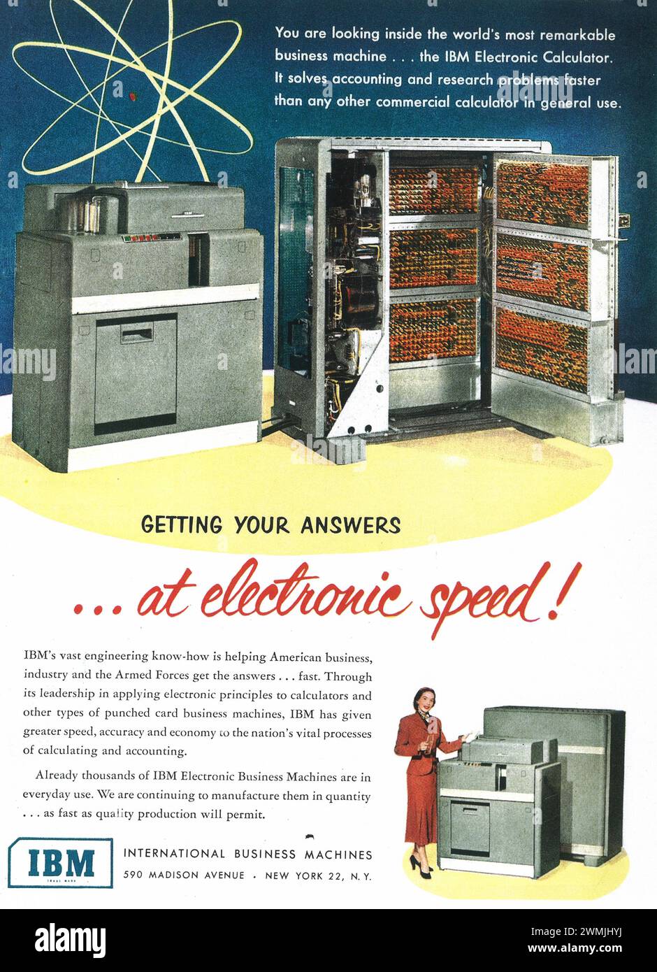 1951 IBM Electronic business machines print ad 'Getting your answers at electronic speed!' IBM electronic calculator. Stock Photo