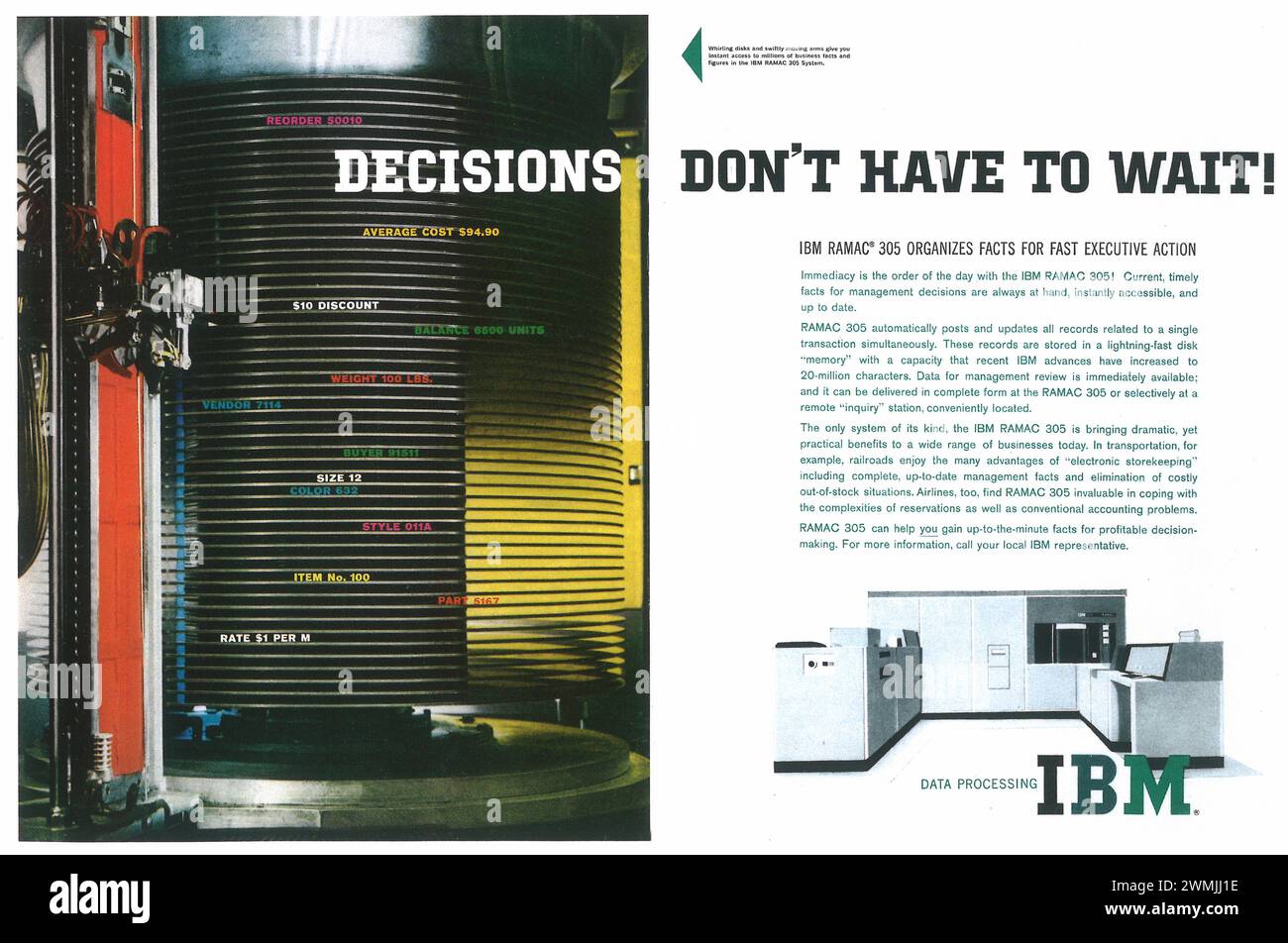 1956 IBM Ramac 305 computer print ad. 'Decisions don't have to wait!' Stock Photo