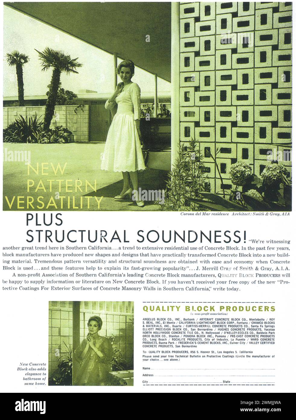 1959 Quality Block Producers Print Ad. Corona del Mar residence Southern California, Architect Smith & Gray Stock Photo