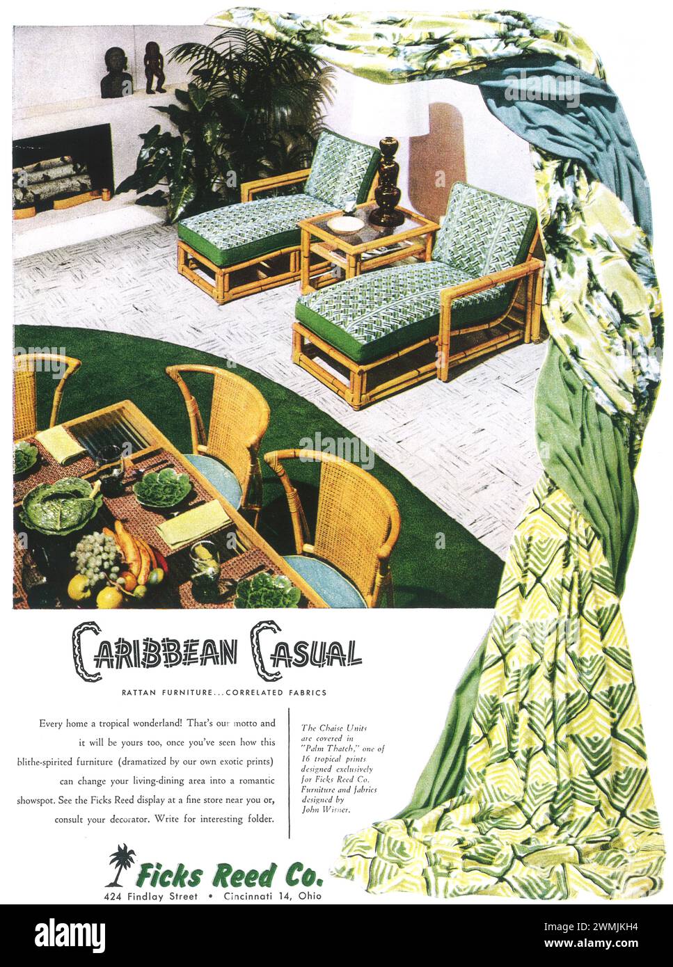 1950s Ficks Reed Co Ohio Caribbean casual print ad. Rattan furniture...correlated fabrics Stock Photo