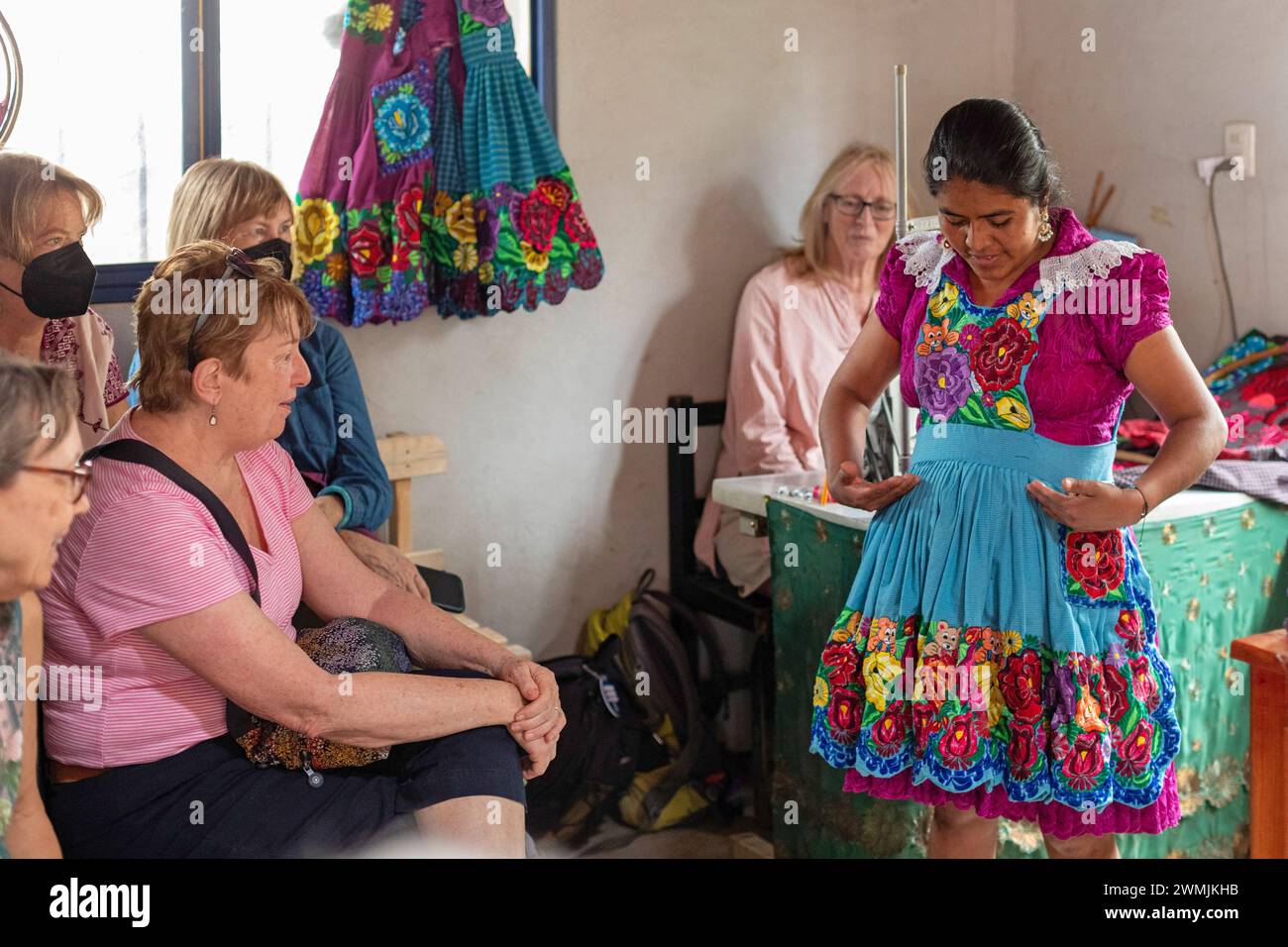 San Miguel del Valle, Oaxaca, Mexico - Epifania Hernandez Garcia makes elaborate aprons, which she demonstrates for foreign visitors. Such aprons are Stock Photo